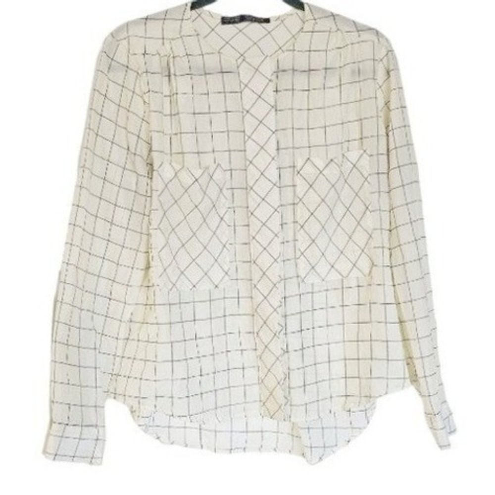 Woman's pleated Button Down blouse size Large cream black‎